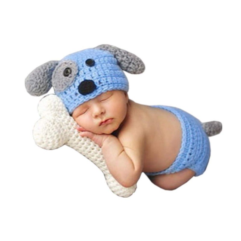 SUNBABY Newborn Photography Props Baby Knitting Wool Material Photography Costume Cute Animal Style Baby Crochet Clothes (Blue Dog) - Image 1